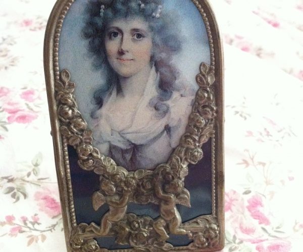Small Victorian photo frame cupid lady in blue