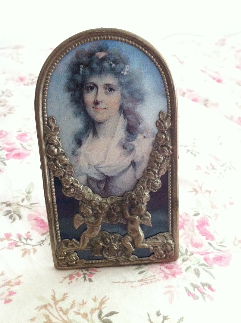 Small Victorian photo frame cupid lady in blue