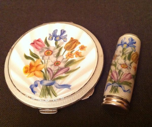 enamel silver compact and lipstick flower set